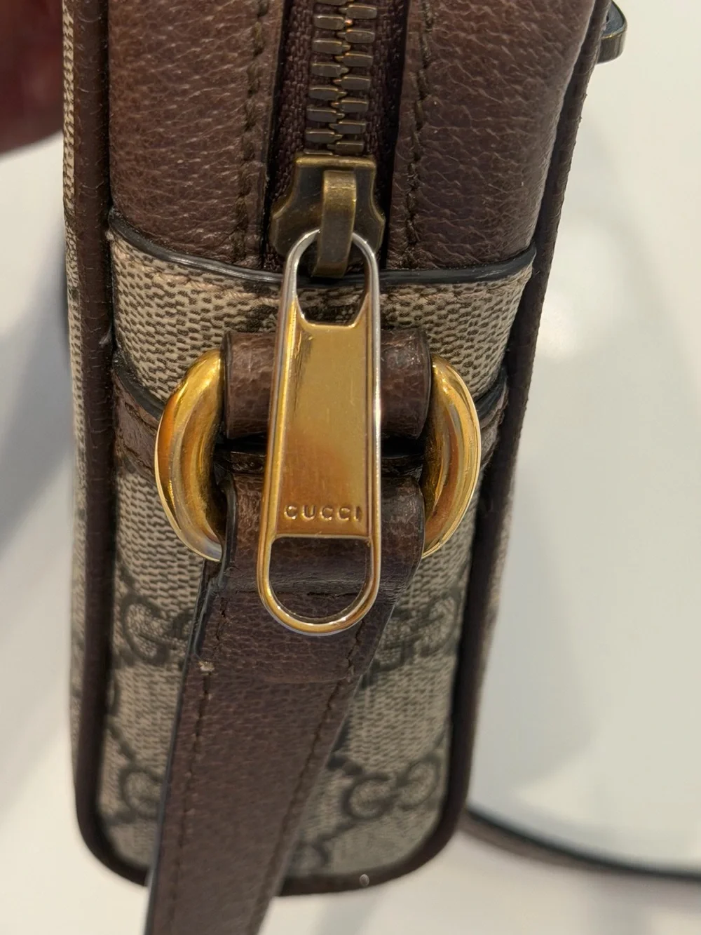 Gucci Beige/Brown GG Supreme Crossbody with Green-Red Web